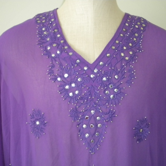 Sheer Purple Embroidered Swimsuit Long Coverup. F - Picture 6 of 8